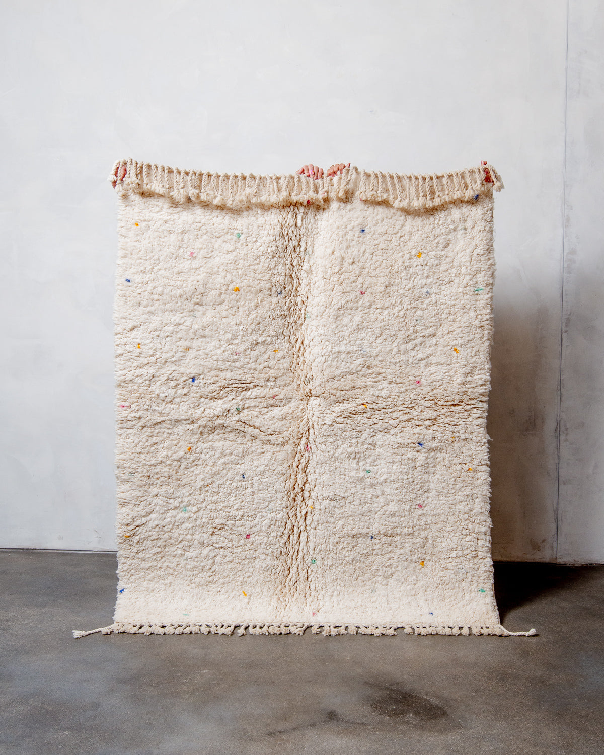 Modern, designer, handcrafted Berber rug from Morocco. Beniourain carpet with beautiful colours and patterns and fluffy wool texture.